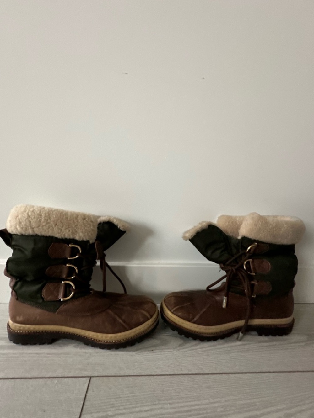 Tory Burch Brown and Olive Shearling-Trim Winter Boots Size 8.5